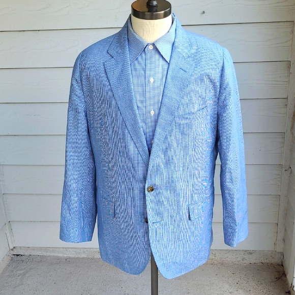 J CREW Ludlow White Blue Weave Cotton Linen Sz‎ 44 R Slim Mens Sport Coat Blazer